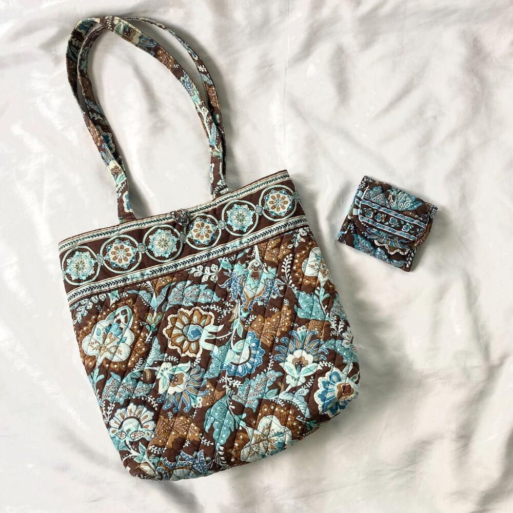Vintage Vera Bradley Blue Teal Brown Retired Java Blue Tote Bag And Wallet